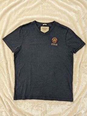 Vintage Abercrombie & Fitch Men's Navy V-Neck Logo Tee Muscle Fit
